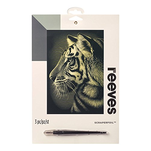 Reeves PPCF58 Kratzbild - Gold Gravurfolie,Größe 20 x 25cm - Motiv: Tiger Portrait, inkl. Kratzmesser & Übungsstück