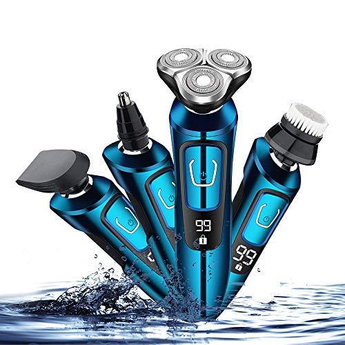Máquina de afeitar recargable USB para hombre 4 en 1 Máquina de afeitar IPX7 Resistente al agua y al ataque de carrera Máquina de afeitar multifunción rotativa seca y húmeda y seca con barba