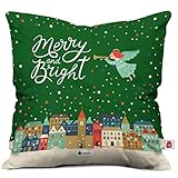 Indigifts Merry & Bright Print Green Cushion Cover 12x12 with Filler (Xmas Gift for Her, Him, Boy, Girl, Dad, Mom, Friends, Family) - Christmas Decorations