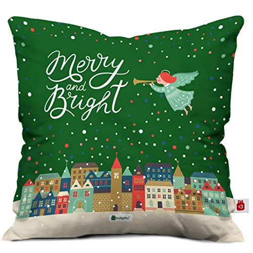 Indigifts Merry & Bright Print Green Cushion Cover 12x12 with Filler (Xmas Gift for Her, Him, Boy, Girl, Dad, Mom, Friends, Family) - Christmas Decorations