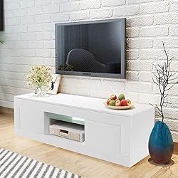 WISFORBEST Meuble TV LED pour Écrans Jusqu'à 60 Pouces Banc TV Bas avec 1 Niche et 2 Portes Étagères Basses Ouverte Armoire TV Idéal pour Salon/Chambre 130 x 35 x 45cm (Blanc)