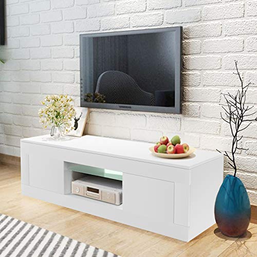 WISFORBEST Meuble TV LED pour Écrans Jusqu'à 60 Pouces Banc TV Bas avec 1 Niche et 2 Portes Étagères Basses Ouverte Armoire TV Idéal pour Salon/Chambre 130 x 35 x 45cm (Blanc)