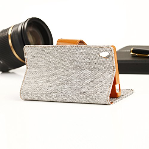 EGO® Luxury Bookstyle Handy Tasche mit praktischer Aufstellfuntkion für Sony Xperia Z5 Grau Flip Case Magnetverschluss Book Cover mit Kartenfach Wallet Stand Schutz Hülle Canvas - 3