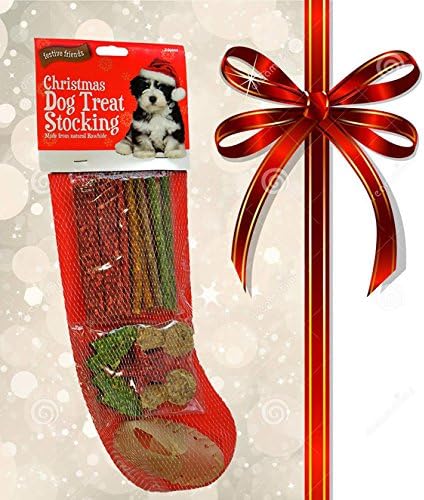 Honest Pets 20 Piece Christmas Dog Puppy Treat Stocking Munchy Raw Hide Chews Dog Present | Make your dog feel that extra special this Christmas | Christmas Ready Filled Dog Treat Stocking | The Christmas stocking contains assorted munchy treats and a rawhide shoe that will help promote healthy gums and teeth and helps fight plaque and tarter.