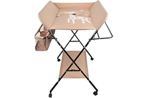 THINFAR Table à langer pliante, table à langer avec panier de rangement, ceinture de sécurité et 4 roues avec frein, réglable en hauteur 74 x 63 x 92-98 cm (Abricot)