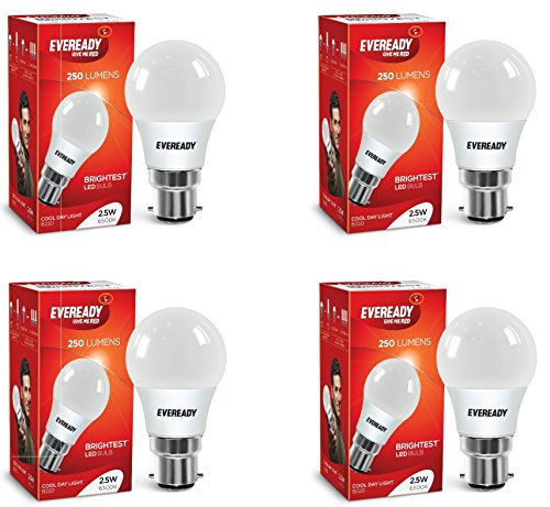 Eveready 2.5W LED Light Bulb | Mercury-Free | With Wide Operating Voltage Range | 100 Lumens Per Watt | Cool Day Light (6500K), Warm White (3000K), Red, Blue & Green | Pack Of 4, Ba15D
