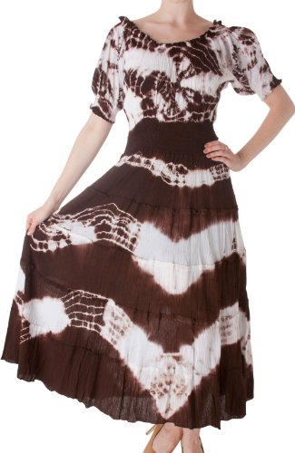 Sakkas AA1702 - 2-Tone Tie Dye Cap Sleeves Smocked Waist Tiered Guazy Long Dress - Brown/One Size