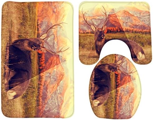 YOOSANG Bath Mat,Deer,Deer Triangle Sitting Grass Bathroom Carpet Rug,Non-Slip 3 Piece Bathroom Mat Set
