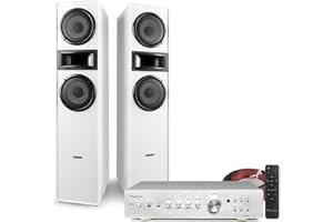 Fenton SHF700W Floor Standing HiFi Tower Speaker System, Bluetooth Amplifier & Speaker Cable Kit - Powerful Home Stereo System with Tower Speakers & Amplifier for TV Audio - White