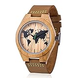 MODUN Herren Bambus holz armbanduhr, echt Rindslederband, handgefertigt leichte Japan Miyota Bewegung natürliche Holz Armbanduhren mit Geschenk-Box (Bambus-map)