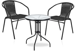BONAFIDE Rattan Effect Bistro Set 3pc, Outdoor Patio Chairs And Steel Table, Indoor Outdoor Furniture Sets for Home with Tempered Glass Tabletop and 2 Folding Chairs (Bali)