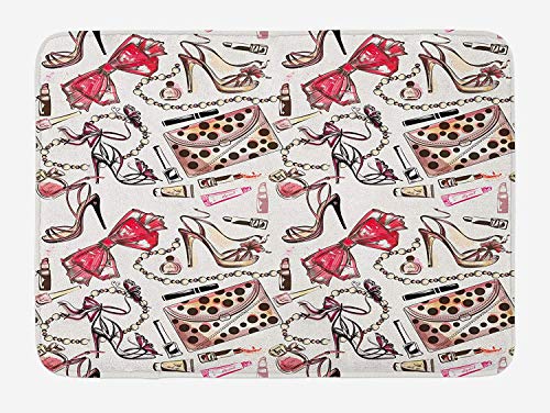 Casepillows Girls Bath Mat, Feminine Shoes Lipstic Perfume Accessory Fancy Items for Beauty Pattern Image, Plush Bathroom Decor Mat with Non Slip Backing, 23.6 x 15.7 Inches, Pink Tan Black