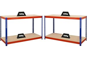 PROREGAL Mega Deal 2X etabli Strong Beast | HxLxP 90x150x60cm | Charge du Compartiment 500kg | Bleu-Orange | Étagère Robuste de Garage, Atelier, Cave, sous-Sol, Stockage, Rangement, Rayonnage