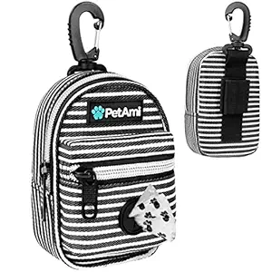 PetAmi Dog Poop Bag Holder | Dog Waste Bag Dispenser with Clip for Leash and Belt | Portable Fabric Doggy Waste Bag Holder for Walking Hiking Running Travel - with One Roll of Dog Bag (Stripe Black)