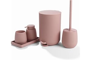 AJEUNGAIN Juego de Baño Accesorios Completo, 5 Piezas Set de Baño Moderno - Dispensador de Jabón, Soporte Cepillo de Dientes, Cubos de Basura para Baño, Escobillero, Bandeja para Organizar (Rosa)