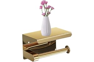 KWQKEM Gold Toilet Paper Holder with Shelf Wall Mount Toilet Roll Holder with Storage Bathroom Accessories Tp Holder with Phone Shelf Stainless Steel Material