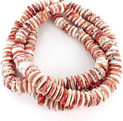 SPINY OYSTER RONDELLE BEADS TURQUOISE INLAY RED 16"