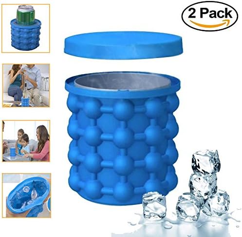 2 Pcs Ice Bucket, 2 in1 Ice Cube Silicone Molds Ice Bucket, Ice Cube Maker can hold up to 3 batches of ice cubes or 120 cubes, Use For Whiskey Ice and Cocktails, Food Grade Silicone , Reusable and BPA Free (Blue)
