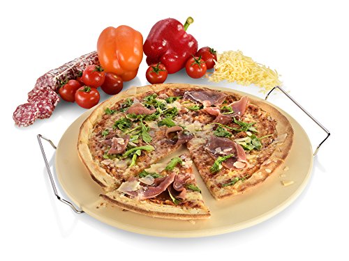 Sänger Pizzastein | Runde Form - Durchmesser 38 cm | Die Lieblingspizza ganz einfach perfekt zubereiten | Ein knuspriger Pizzaboden ist garantiert | Mit praktischer Metall Halterung