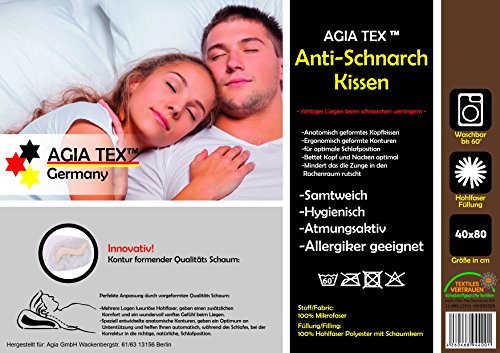 AGIA TEX Anti-Schnarch-Kissen Orthopädisches Nackenstützkissen 40 x 80 cm mit samtweichen Mikrofaserbezug Öko-Tex 100 - 4