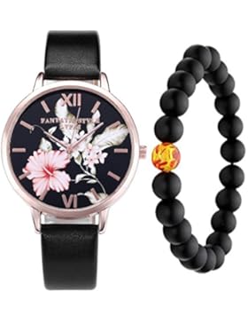 JSDDE Vintage Klassische Blumen Armbanduhr Basel-Stil Quarz Uhr + Bernstein Schwarz Achat Buddha-Armband Geschenk...