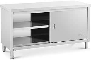 Royal Catering Tavolo Armadiato Acciaio Inox Banco Da Cucina Porte Scorrevoli RCSSCB-150x60-E (150 x 60 x 85 cm, 600 kg)
