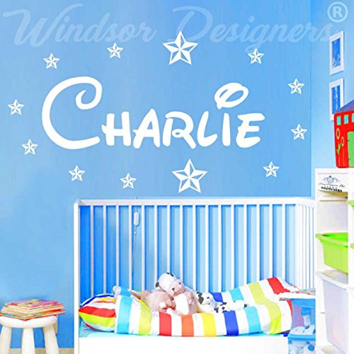 Adhesivo de pared con nombre personalizado y estrellas, sala de estilo de Disney para niños, negro, -Medium -SIZE 90cm x 30cm (36