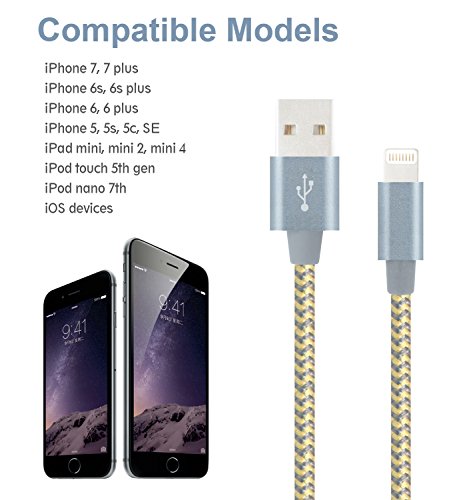 Flashstye 3 Pack 1M 1.5M 2M Phone Charger Nylon Braided Lightning to USB Cable Apple lightning cable for iPhone 7 Plus 6S Plus 6 Plus SE 5S 5C 5, iPad 2 3 4 Mini, iPad Pro Air, iPod.(Gold Gray) - 6