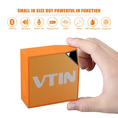 [IP67 Waterproof Speaker] Vtin Cuber Bluetooth 4.0 Speaker, 5W Audio Driver, 8 Hour Playing Time, Built in Waterproof Mic For Shower/Home/Outoor For iphone 7 / 7 plus, Smartphones, Tablets, Laptops, PC and All Bluetooth Devices - Orange
