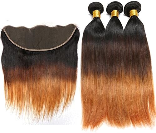 HmtAfro Ear to Ear Frontal Closure and Ombre Straight Hair 9A Grade (#1b-#4-#30) (12'' 14'' 16''+10'' 13x4 closure)