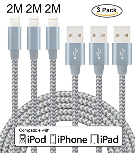Flashstye 3 Pack 2M iPhone Cable Nylon Braided Lightning to USB Cable Apple lightning cable for iPhone 7 Plus 6S Plus 6 Plus SE 5S 5C 5, iPad 2 3 4 Mini, iPad Pro Air, iPod.(Gray)