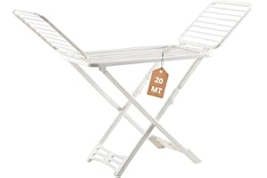 Tomaino - Stendino in Plastica Resistente per Interno ed Esterno - 20 mt - Stendibiancheria Pieghevole con Ali e Rotelle - 197x56x124 cm