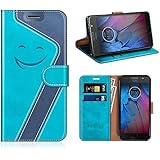 Mobest Smiley Leder Schutzhülle / Kartenfächer für Motorola Moto G5S Tasche Hülle, Aqua/Dunkel Blau
