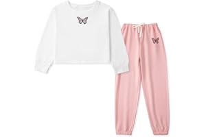 Naiyafly Kinder Mädchen Trainingsanzug Set Mädchen Schmetterling Muster Langarm Pullover Sweatshirt Crop Tops + Hosenanzug Teenager Mädchen Frühling Herbst Outfits Set Sport Hip Hop Kleidung