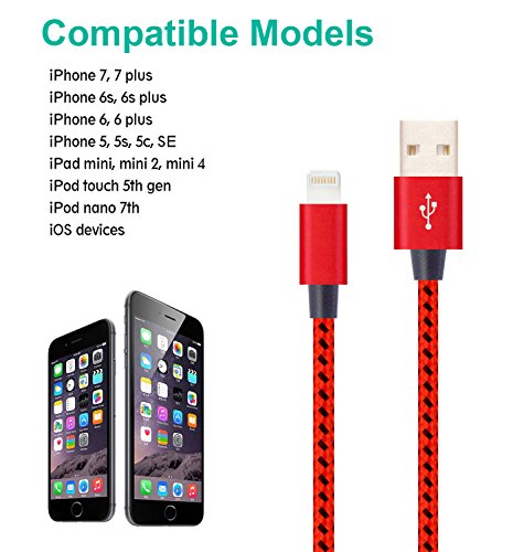 Flashstye 3 Pack 2.2M Phone Charger Nylon Braided Lightning to USB Cable Apple lightning cable for iPhone 7 Plus 6S Plus 6 Plus SE 5S 5C 5, iPad 2 3 4 Mini, iPad Pro Air, iPod.(Red Black) - 6