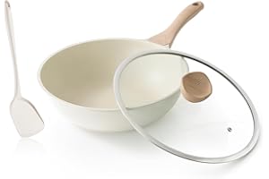 Kordisen Wok 30 cm, Wok Induction avec Couvercle, Anti-adhésif Revêtement, Compatible avec tous les poêles, Sans PFOA (Crème)