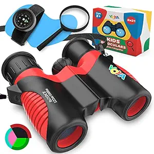 Real Binoculars for Kids high Resolution 8x21 Wider and Adjustable Neck Strap - Kids Compass Bracelet and Magnifier - Great Gift for Girls and Boys 3-14 Years Old