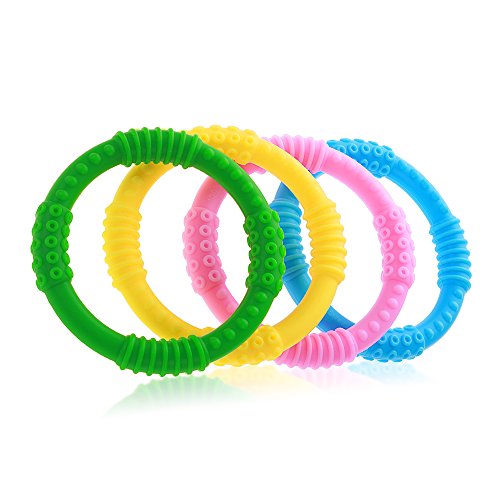 Best Baby Teether - 4 Silicone Sensory Teething Ring Toys - Fun, Colorful and BPA-Free - Soothing Pain Relief and Drool Proof Infant Toys - Solve Teething Now