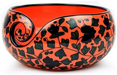 Ceramic Attractively Hand Painted Gorgeous Stoneware Yarn Ball Storage Bowl With Innovative Dispensing Curl | Knitting &amp; Crochet Accessions | (Large, Fenugreek Red)