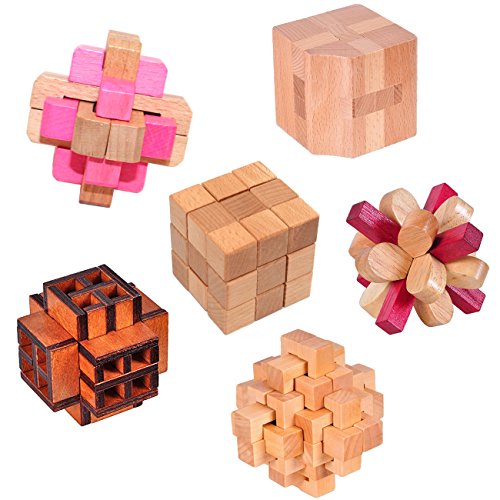 KINGOU 6 Packed Wooden Puzzles IQ Challenge Puzzle Set Brain Teasers Logic Puzzles Interlocked Toys, Adult / Kids