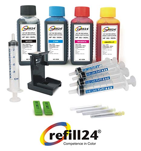Kit de Recarga para Cartuchos de Tinta HP 302, 302 XL Negro y Color, Incluye Clip y Accesorios + 400 ML Tinta