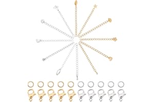 UNICRAFTALE 24 hebras 12 Estilos Extensor de Cadena de Acero Inoxidable 30pz 2 Colores Cierres de Garra de Langosta Y 30pz 2 Colores 3.4 mm Anillos de Salto Cerrados Pero Sin Soldar