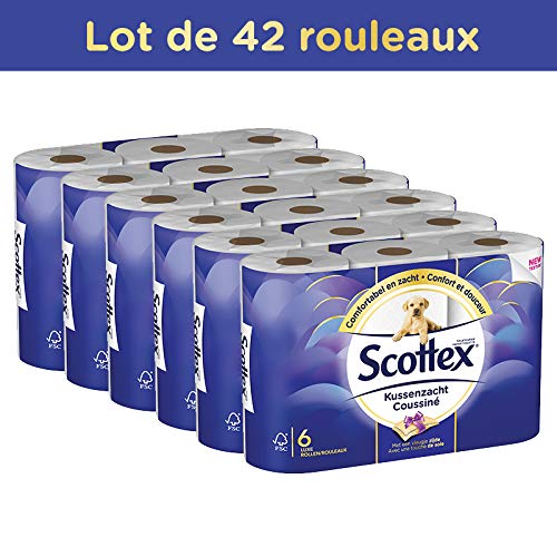 Scottex Papier toilette 3 épaisseurs, Doux et confortable, 42 rouleaux, Pack format familial, Coussiné