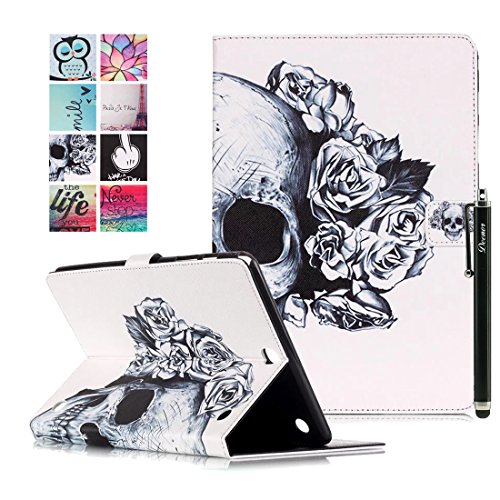 Samsung Galaxy Tab A 9.7 SM-T550 Hülle, DEENOR Bunt Malerei und Stilvoll Zeichnung Brieftasche Case Buch-Stil PU Leder Flip Protective Stand Tasche Schutzhülle Hülle für Samsung Galaxy Tab A 9.7 SM-T550. (Flowers Skull)