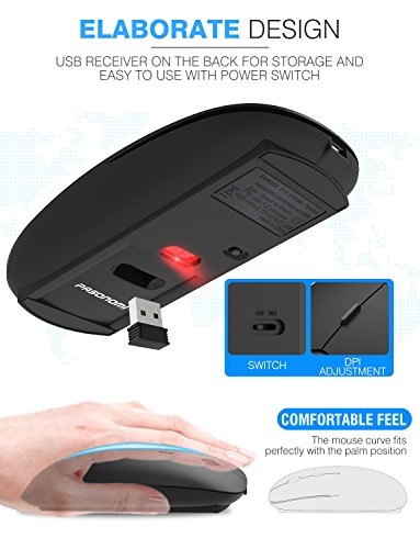 Rechargeable Wireless Mouse, Pasonomi 2.4G Slim Mute Silent Click Noiseless Optical Mouse with USB Receiver and USB C adapter for PC, Notebook, Laptop, Computer, Macbook (Black)
