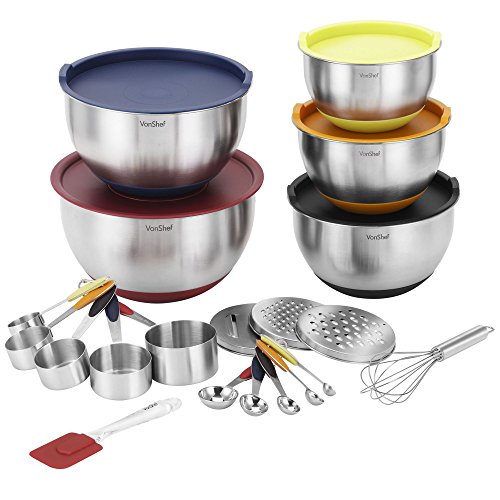 VonShef 17-teiliges Premium Mix-Paket mit 5 Edelstahl Rührschüsseln, Messlöffel Set, Messbecher Set, Schneebesen & Teigschaber