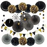  Zerodeco Decoración de la Fiesta, 21 Piezas Negro Abanicos de Papel Bola de Nido Pom Poms Ventilador Cumpleaños Boda Carnaval Bebé Ducha Home Party Supplies Decoración