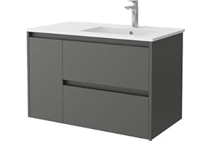 SALGAR Conjunto Mueble baño 85 cm con Lavabo 100% montado de fábrica | Modelo Noja color Gris lacado Mate suspendido 2 cajones 1 puerta izquierda cierre amortiguado con Lavabo porcelana blanca