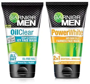 Garnier Men Oil Clear Clay D-Tox Deep Cleansing Icy Face Wash, 100gm & Garnier Men Power White Anti-Dark Cells Fairness Face Wash, 100g