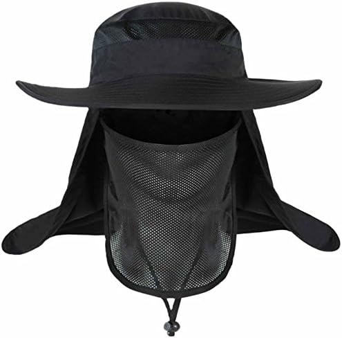 Summer 360° UV Protection Fishing Hat With Removable Neck&amp;Face Flap Cover For Cycling, Hiking, Hunting, Camping (Gray) (Black)